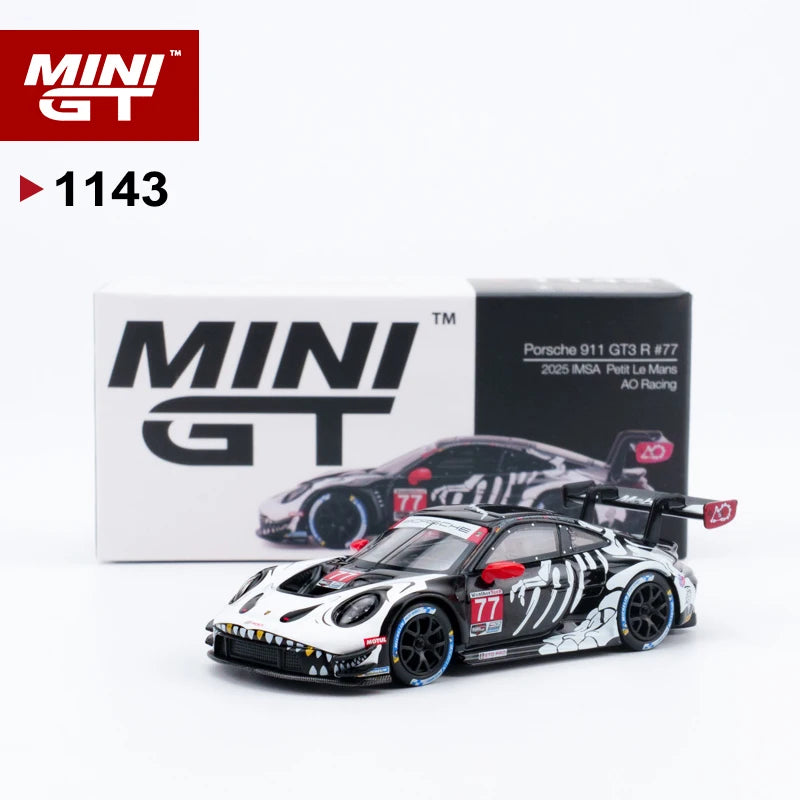 MINIGT 1:64 Porsche 911 GT3 R #77 AO Racing 2025 IMSA Petit Le Mans Halloween Bone Dragon MGT Legierungsautomodell 1143