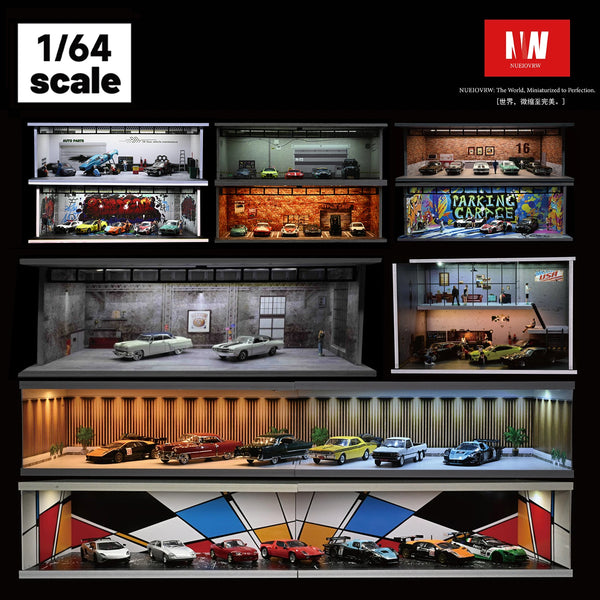 1/64 Diorama Car Garage Model LED Lighting Car Parking Lot Showroom Scene Display Model Gift Toys
